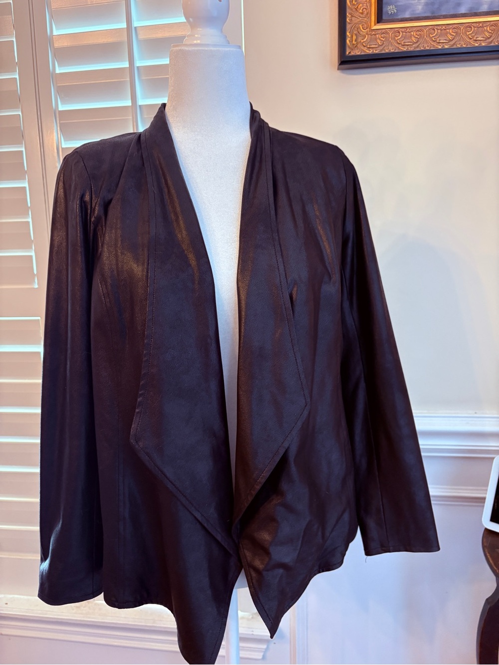 JM Collection Black Open-Front Draped Leather looking Jacket
